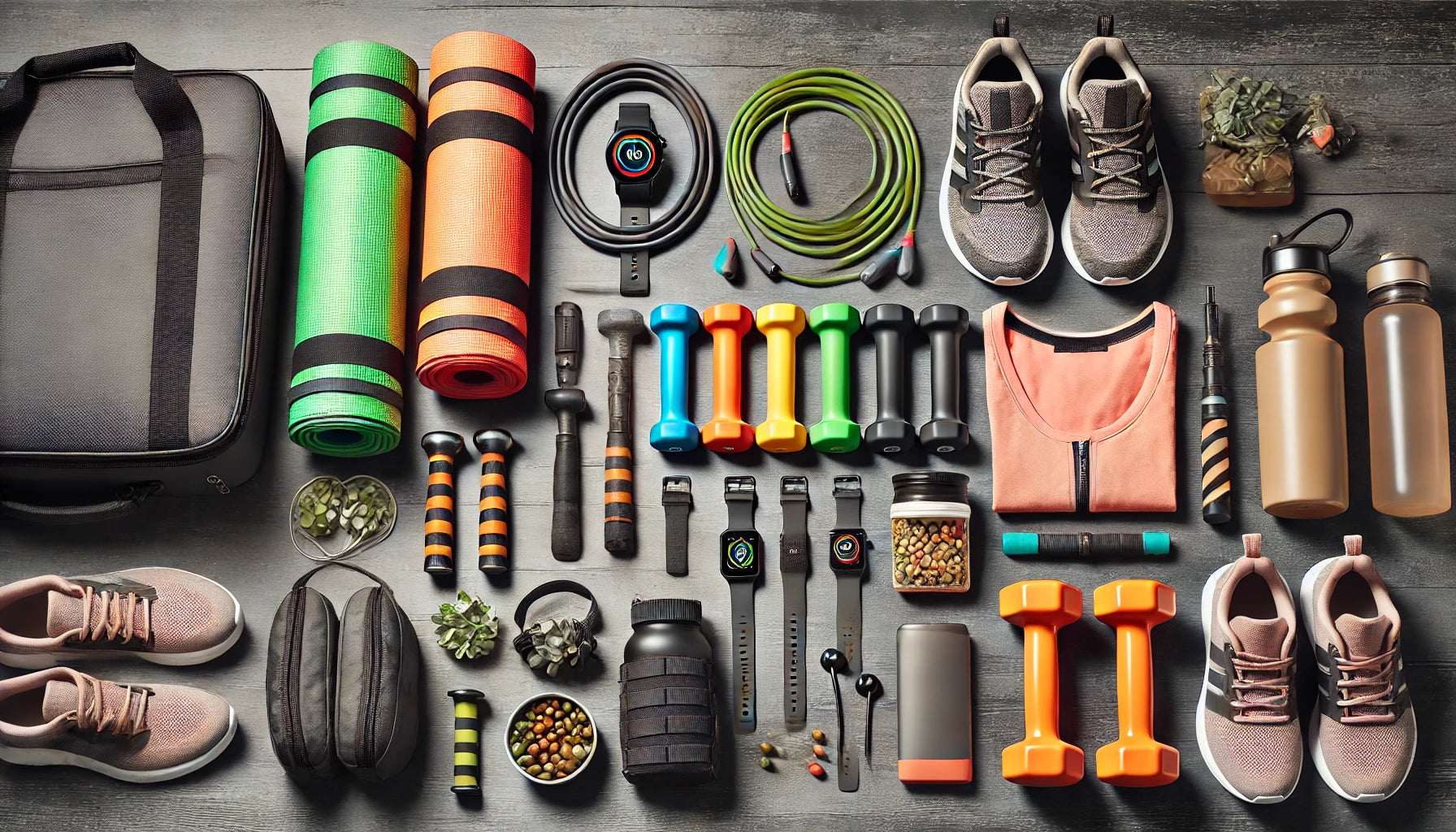 Vibrant and organized flat lay of essential fitness gear for traveling professionals.