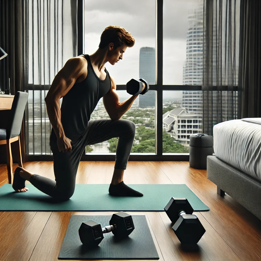 A dedicated fitness enthusiast performing bicep curls with dumbbells in a modern hotel room with a cityscape view, highlighting the importance of maintaining a workout routine while traveling.