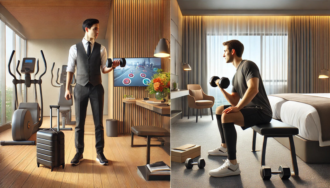 Split-screen image comparing fitness coach guidance in a hotel gym with a self-guided dumbbell workout in a hotel room, illustrating the pros and cons of each approach for traveling professionals.