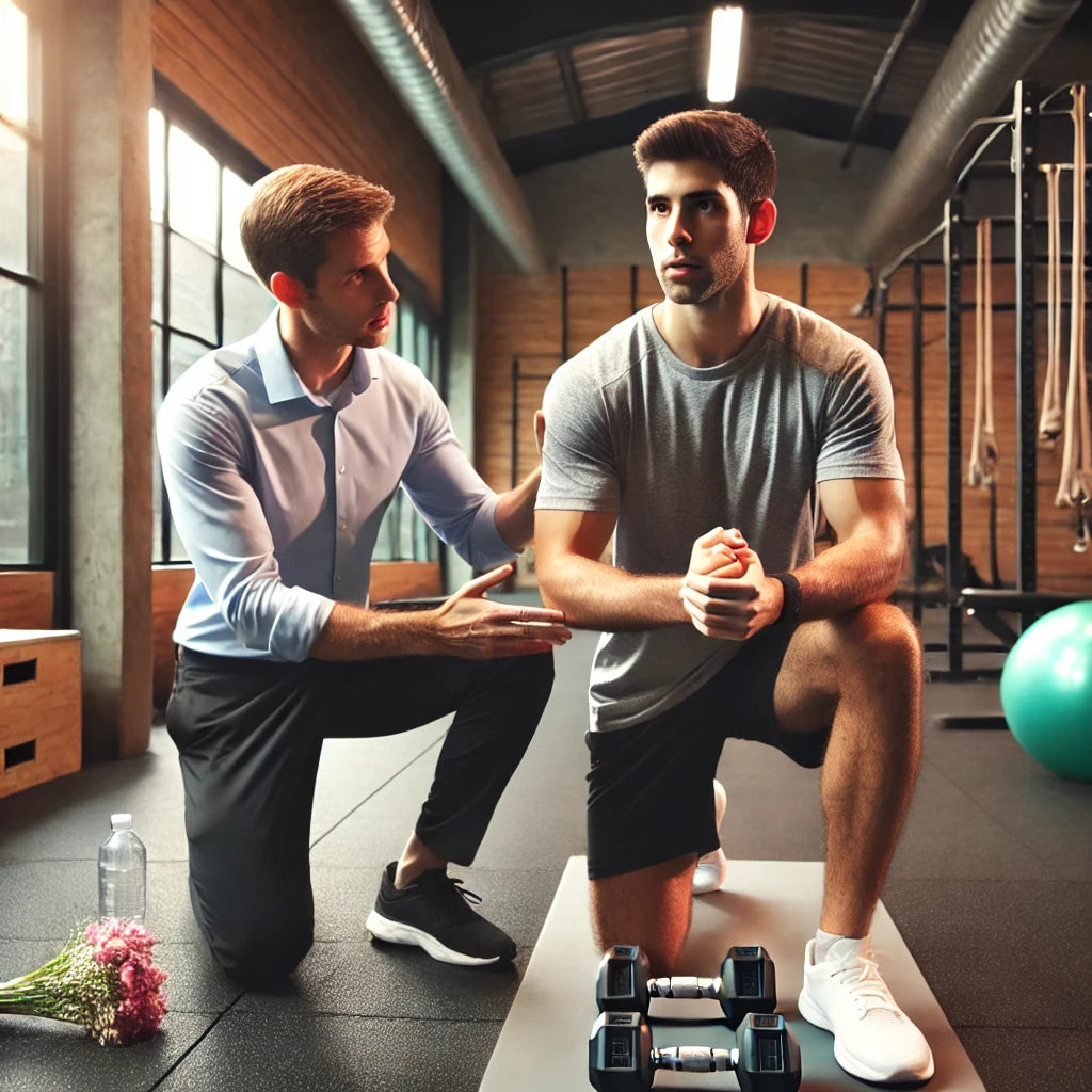Fitness coach demonstrating proper exercise technique to a client in a gym, surrounded by gym equipment including dumbbells, a mat, and resistance bands, with a focused and supportive atmosphere.