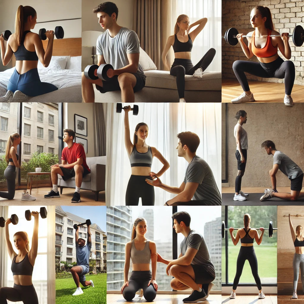Diverse individuals working out in hotel rooms, gyms, and outdoor spaces, guided by a fitness coach. Each person performs different exercises like dumbbell lifts, bodyweight exercises, and stretches, reflecting achievement and empowerment.
