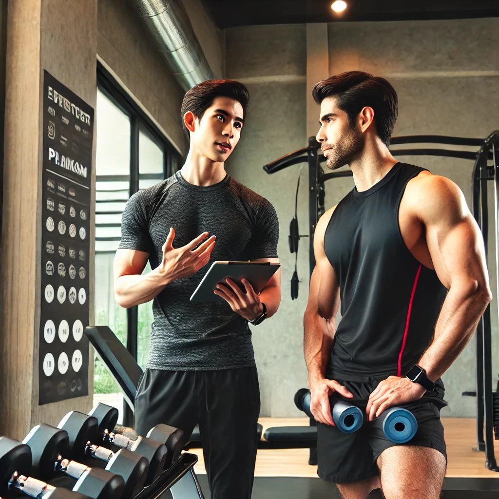 A professional fitness coach showing a workout plan to a client in a modern gym, featuring dumbbells, resistance bands, and exercise mats.