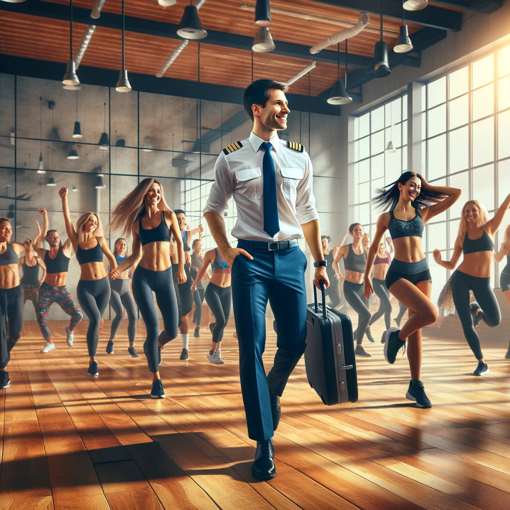 Busy professionals, including a flight attendant, participating in a high-energy fitness dance class in a modern dance studio with mirrors and wooden floors.
