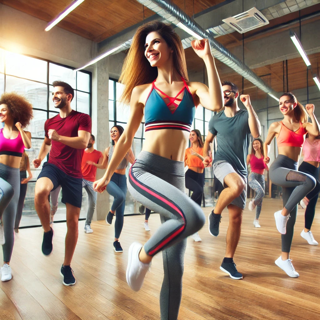 Busy professionals participating in a vibrant fitness dance class in a modern studio with large mirrors and a wooden floor, led by an enthusiastic instructor.
