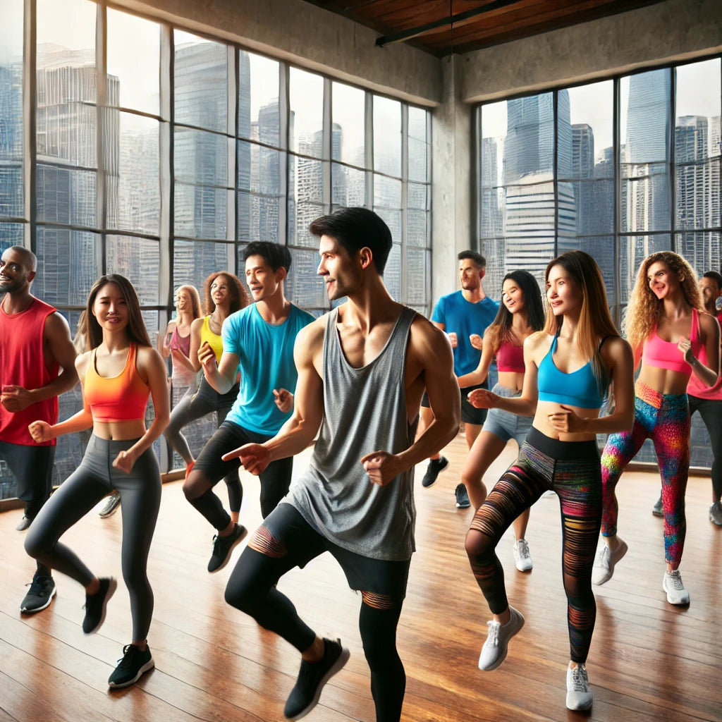 Group of people in a fitness dance class with large windows overlooking a cityscape, participants looking energetic and happy in colorful workout attire, instructor demonstrating a dance move at the front.