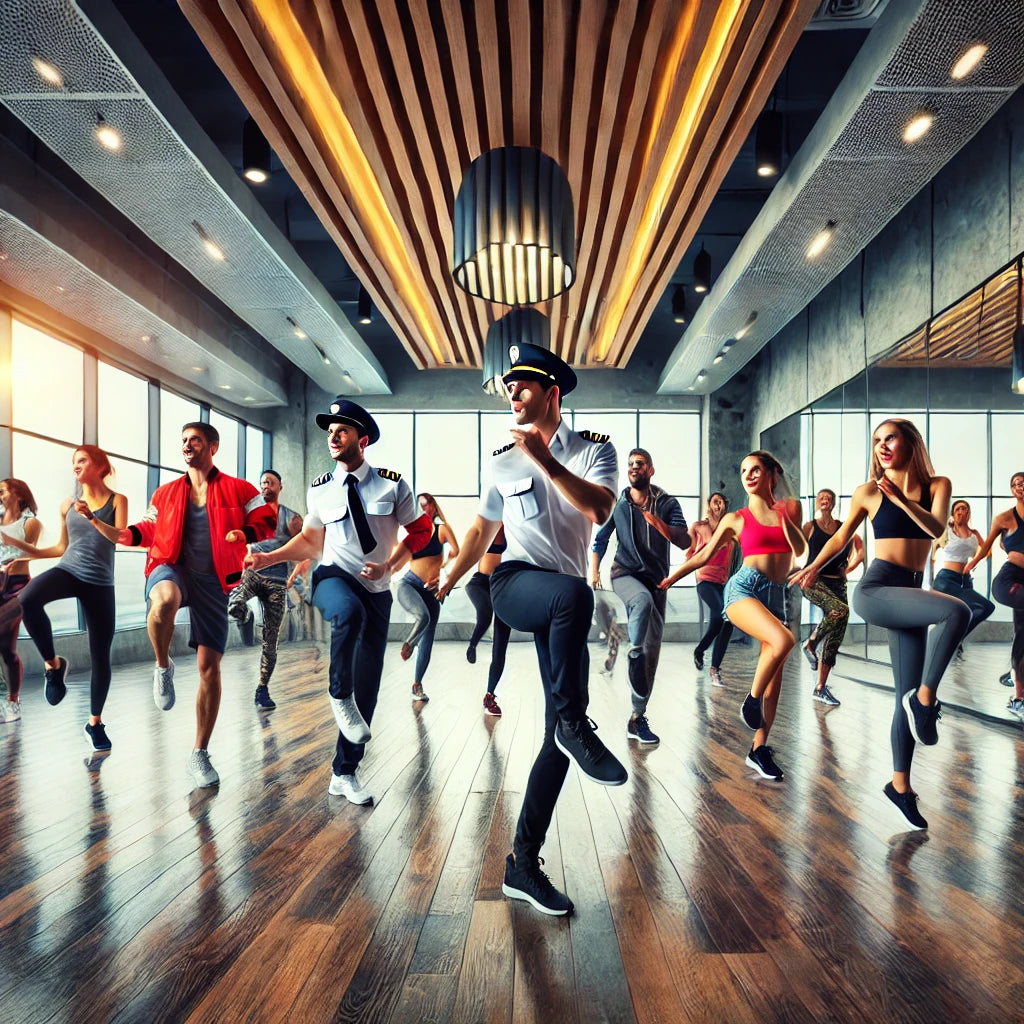 Professionals, including pilots, flight attendants, and travel nurses, participating in a vibrant fitness dance class in a modern gym with large mirrors and wooden floors.