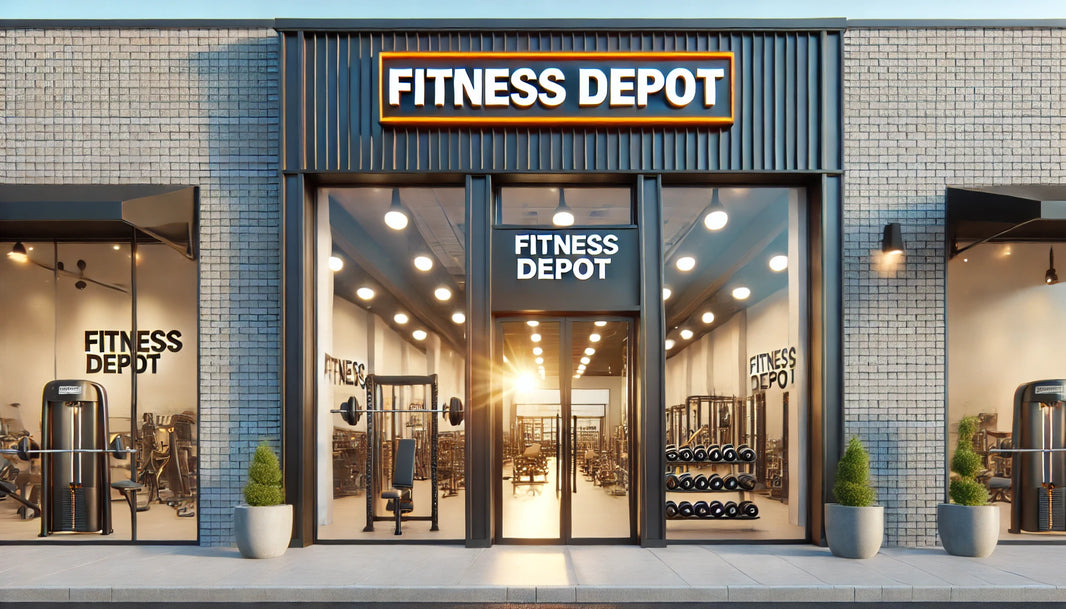 The exterior of a Fitness Depot store with a welcoming entrance, clear signage, and a glimpse of the equipment inside through large windows
