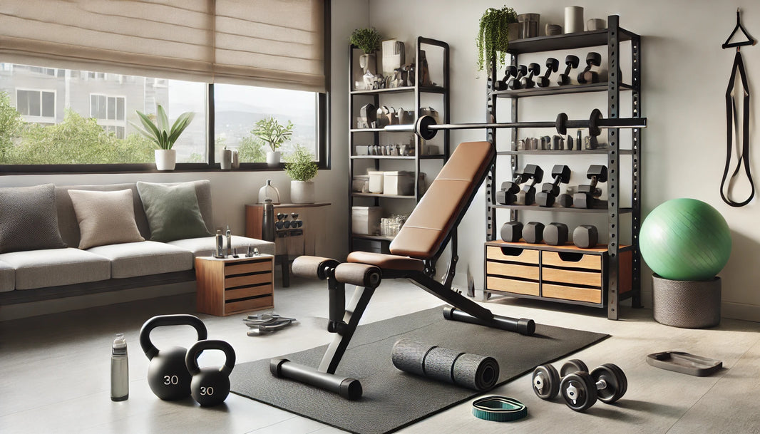 A modern and compact home gym setup in a stylish living room corner featuring high-quality Fitness Depot essentials, including adjustable dumbbells, a foldable bench, a yoga mat, resistance bands, and kettlebells.