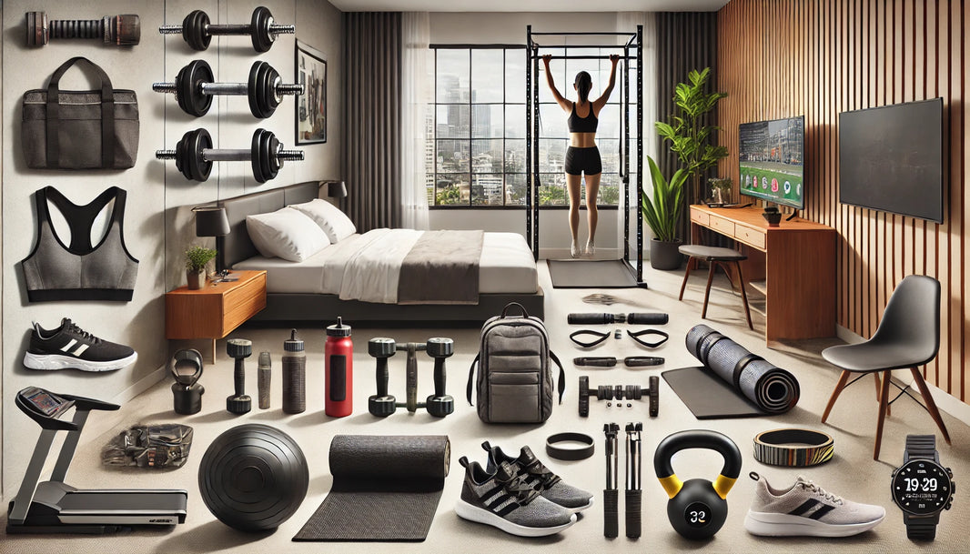 Collage of 10 must-have fitness items from Fitness Depot displayed in a small, modern hotel room.
