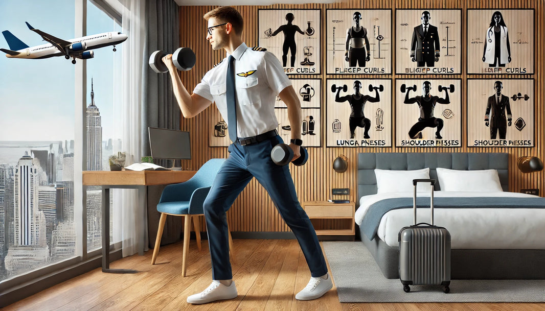 A professional, such as a pilot, flight attendant, or travel nurse, performing various dumbbell exercises in a modern hotel room.