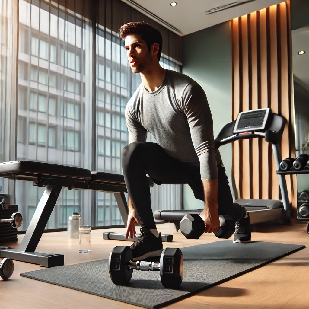 A professional performing an intense workout routine in a well-equipped hotel gym, featuring dumbbells, a yoga mat, and a bench, with a modern hotel interior and natural light in the background.