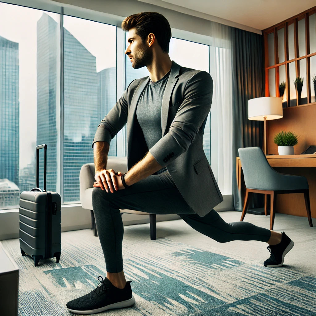 Business traveler performing a yoga pose in a modern hotel room, emphasizing the importance of staying fit while traveling.
