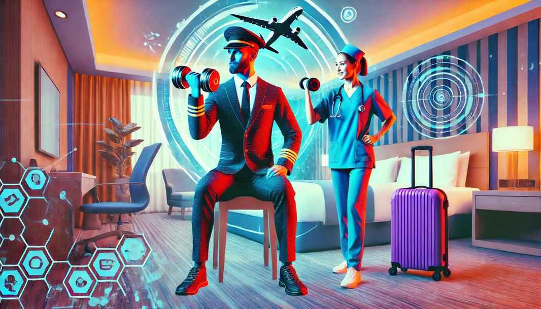 Featured photo for the blog post "Your Fitness Edge: Essential Travel Workouts for Flight Crews and Nurses," showing a flight crew member and a nurse in uniform working out with dumbbells in a well-lit hotel room.