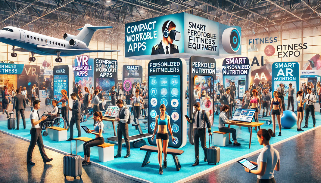 A vibrant and dynamic scene at a fitness expo, showcasing the latest trends and innovations for travelers.