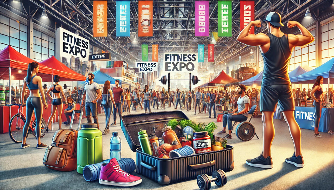 Fitness expo scene with attendees exploring booths showcasing fitness gear, supplements, and workout equipment.