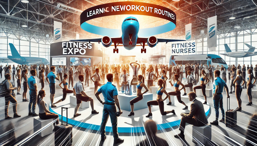 Dynamic scene at a fitness expo with booths showcasing the latest fitness equipment and trends, people participating in workout demonstrations, and fitness experts giving advice.