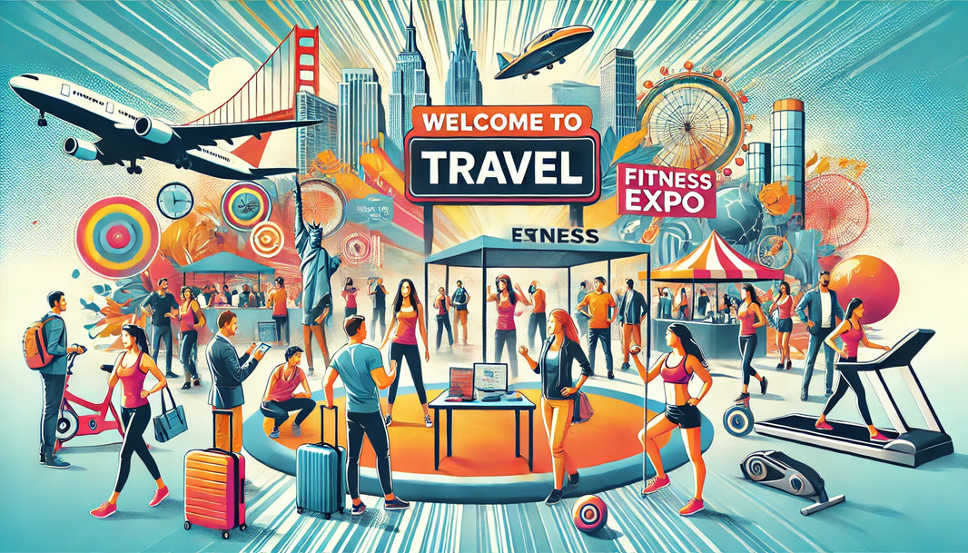 Travel enthusiasts actively participating in a vibrant fitness expo, engaging with exhibitors, attending workshops, and trying out fitness equipment.