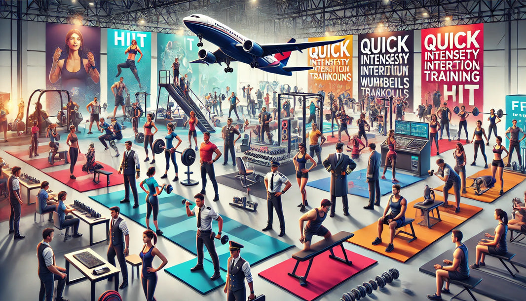 A vibrant scene at a fitness expo showcasing various workout stations and professionals like pilots, flight attendants, and travel nurses engaging in different fitness activities.