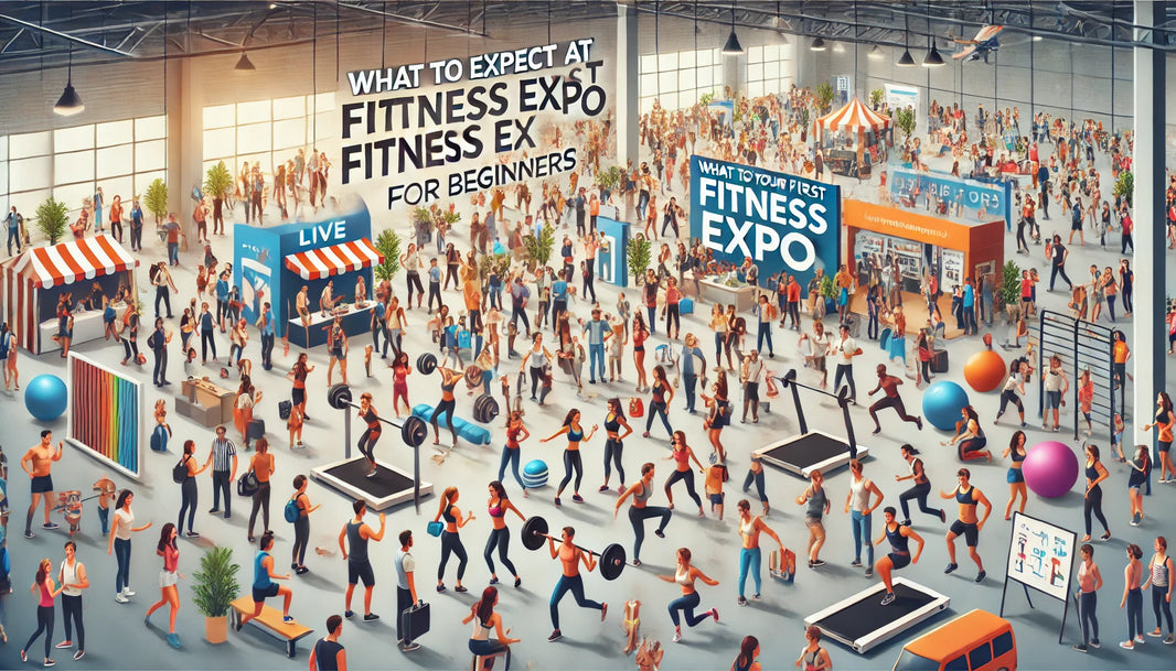The image depicts a lively fitness expo with a large crowd of attendees, vibrant exhibitor booths, live workout demonstrations, and interactive workshops.