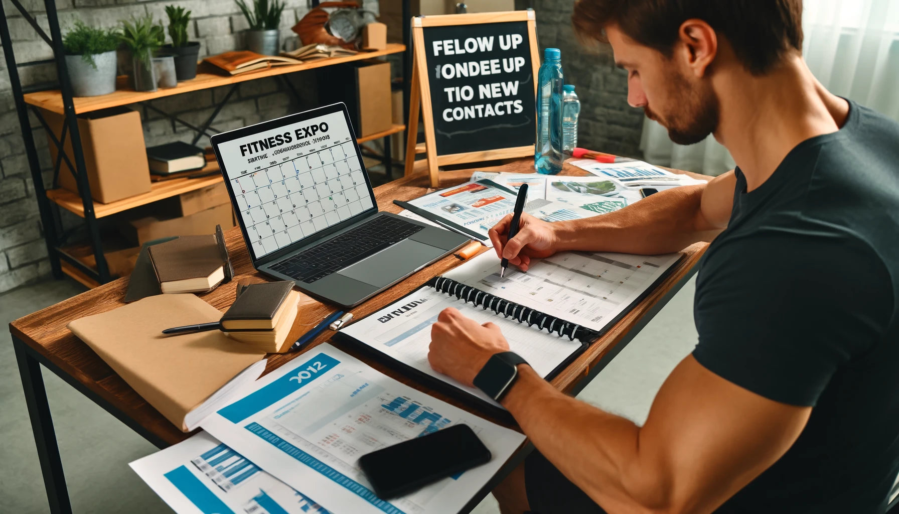 A person reviewing notes and creating an action plan at home after attending a fitness expo.
