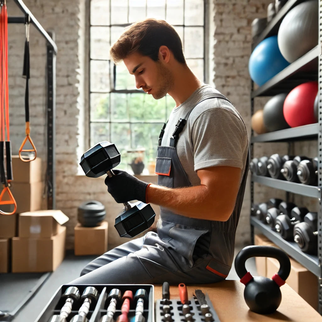 A professional repair technician working on a dumbbell in a well-lit workshop with various fitness equipment like resistance bands and kettlebells on shelves in the background.