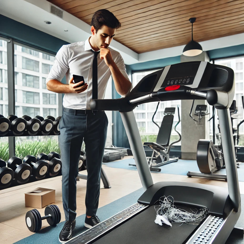 A busy professional in a hotel gym looking at a broken treadmill with a frustrated expression, holding a smartphone and searching for repair services.