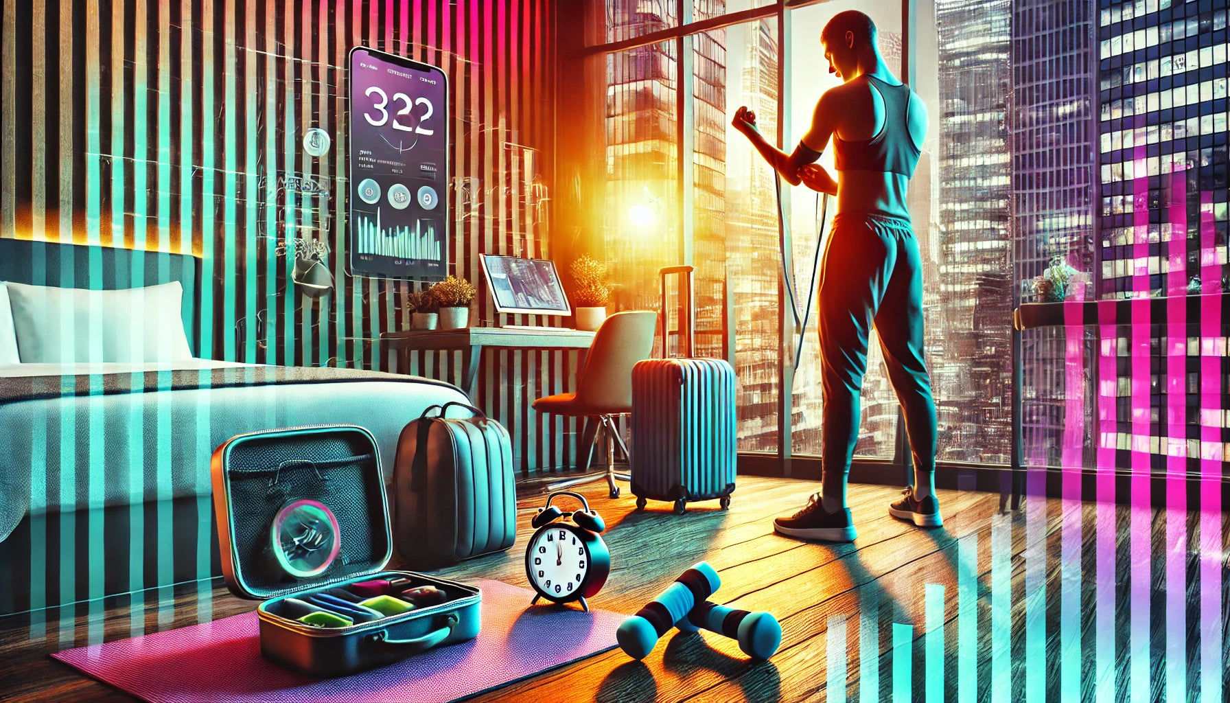 Professional traveler in a stylish hotel room preparing for a workout using a fitness app on a smartphone, with compact fitness equipment like resistance bands and a yoga mat, and a cityscape view through the window.