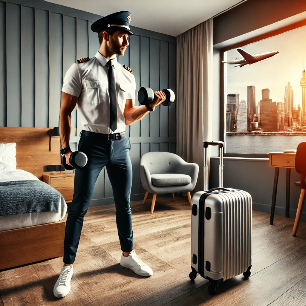 "Professional traveler working out with dumbbells in a stylish yet compact hotel room, showcasing the convenience and versatility of dumbbell workouts for maintaining fitness while traveling.