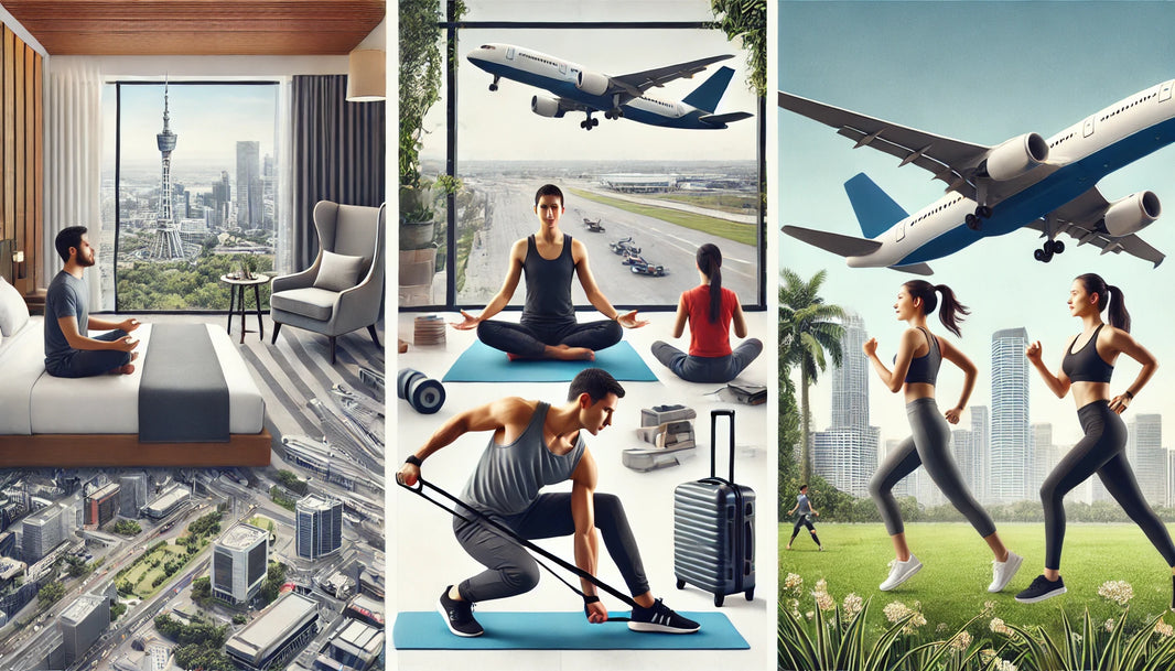 one doing yoga in a stylish hotel room, another using resistance bands at a busy airport, and a third jogging in a scenic urban park, illustrating the flexibility of maintaining fitness routines anywhere, anytime.