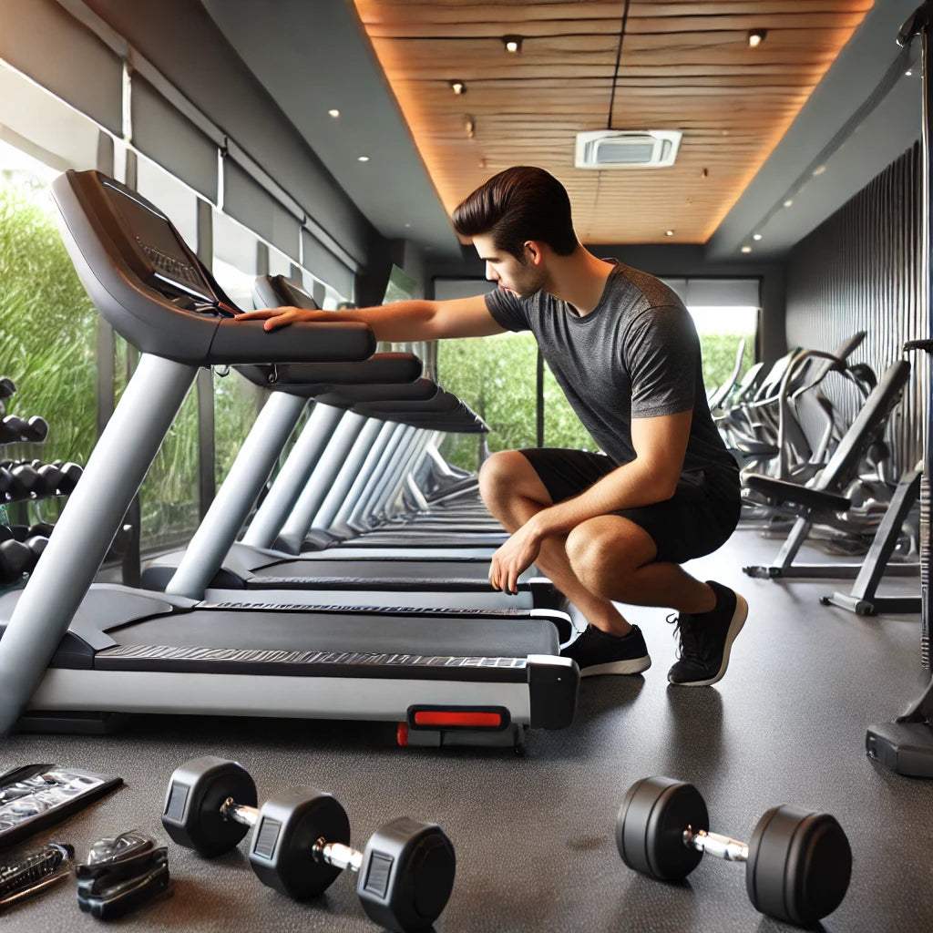 Fitness professional inspecting a treadmill in a clean and organized gym with various fitness equipment, ensuring top condition for use, reflecting a hotel gym or small local fitness center.