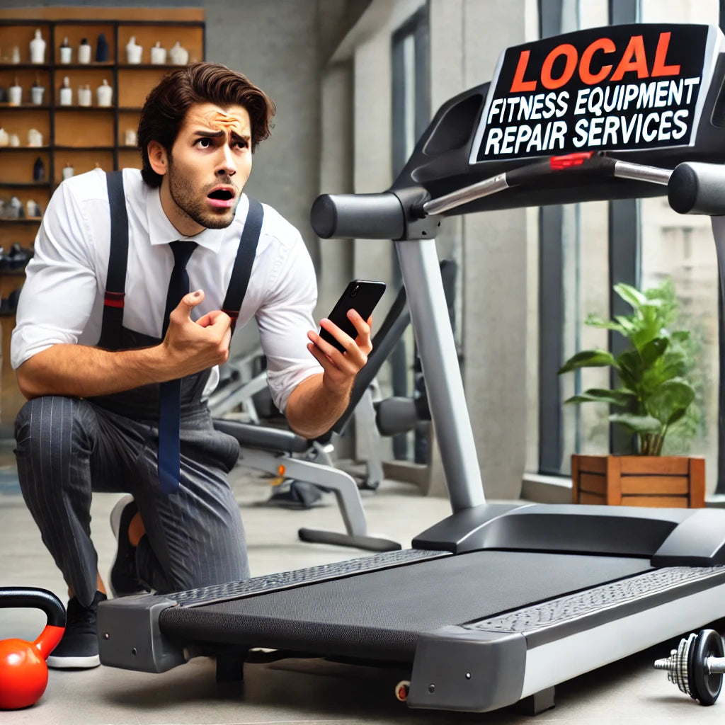 A traveling professional in a small hotel gym looking frustrated at a broken treadmill, holding a smartphone to search for local fitness equipment repair services, with dumbbells and a workout bench in the background.