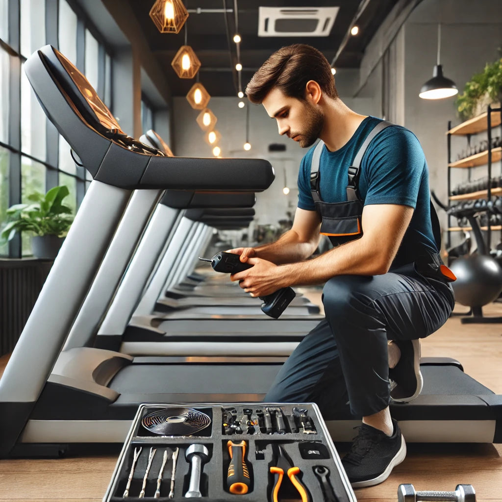 A professional technician repairing a treadmill in a modern, well-lit gym.