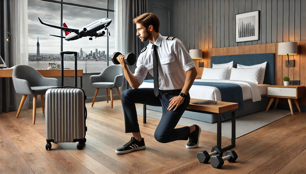 A professional traveler, such as a pilot or flight attendant, performing a dumbbell workout in a modern hotel room with minimal furniture and exercise equipment, highlighting fitness adaptability for on-the-go professionals.