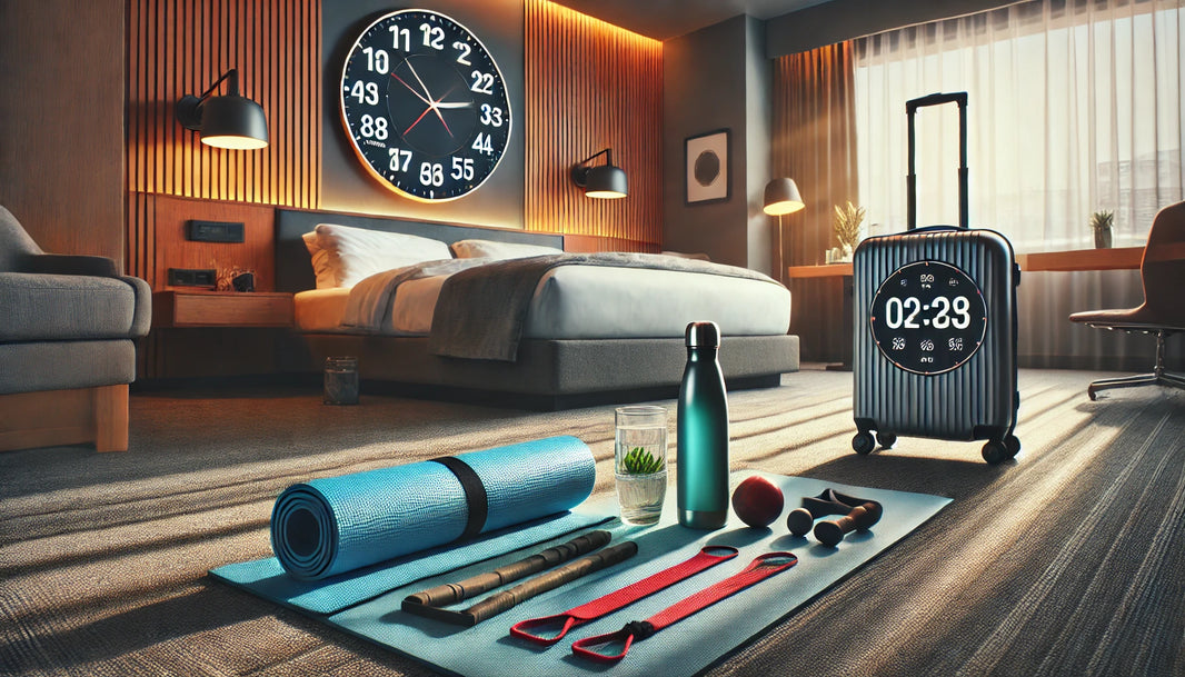 Modern small apartment living room with a dedicated workout area, including a yoga mat, dumbbells, resistance bands, and a laptop displaying a workout video.