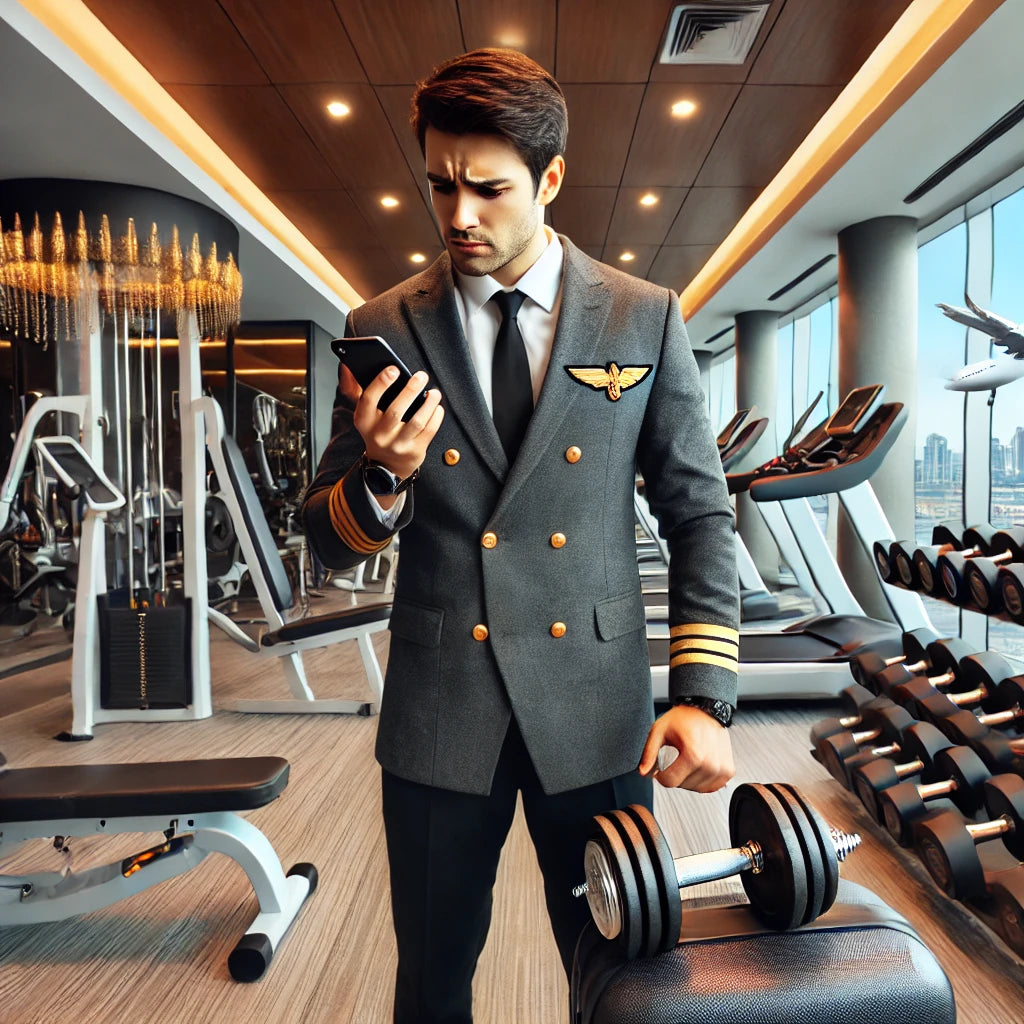 A traveling professional, such as a pilot or flight attendant, looking frustrated while trying to use a broken dumbbell in a modern hotel gym.