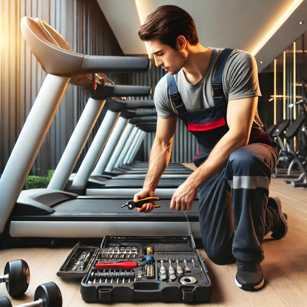 A professional technician in uniform repairing fitness equipment in a modern hotel gym.