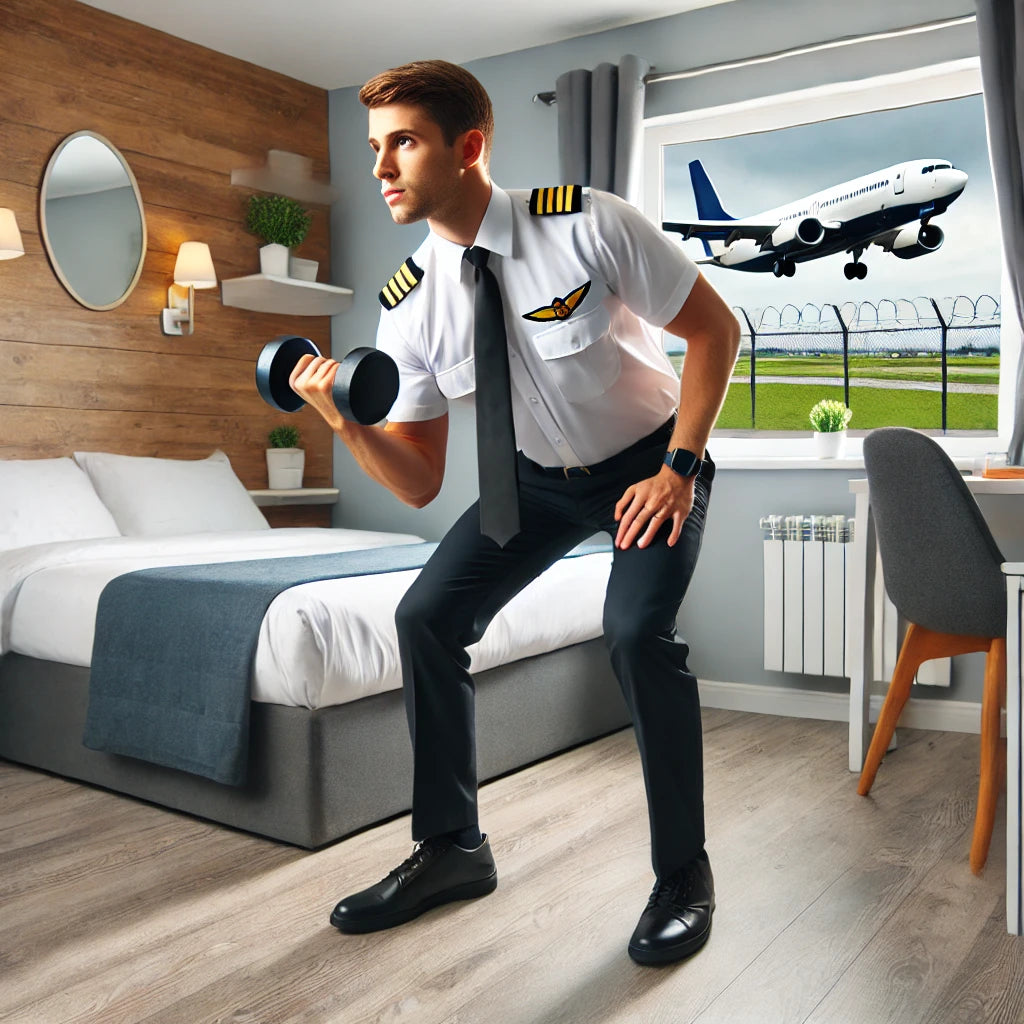 Pilot in uniform performing a dumbbell workout in a small hotel room with a view of an airport runway, highlighting exercises for limited space.