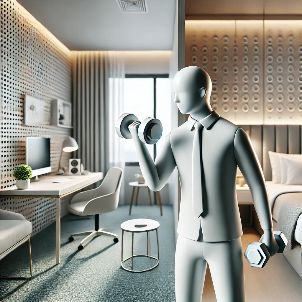 Traveling professional doing a dumbbell workout in a small, modern hotel room with minimalistic furniture, showcasing effective use of limited space.