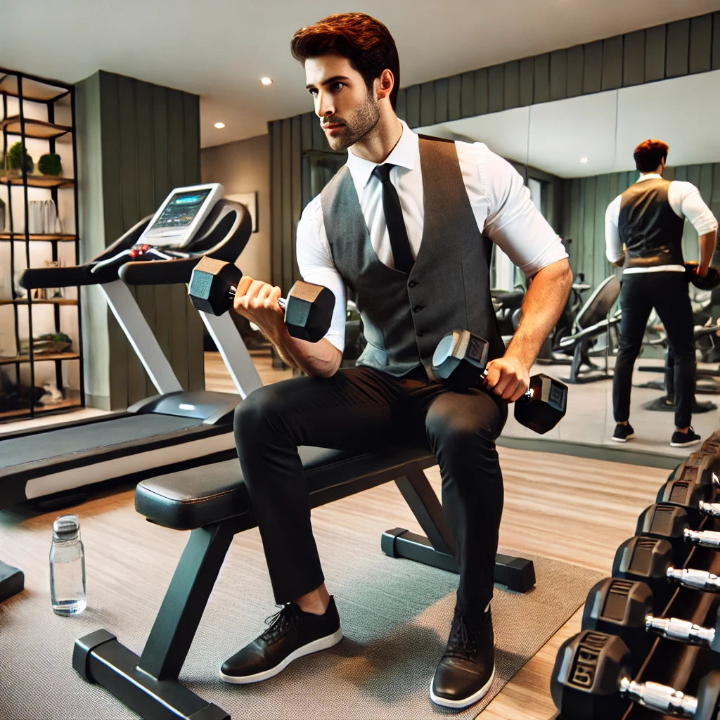A busy professional in a hotel gym using dumbbells for a workout. The gym is small and compact with minimal equipment, featuring a treadmill, a few dumbbells, and a bench.
