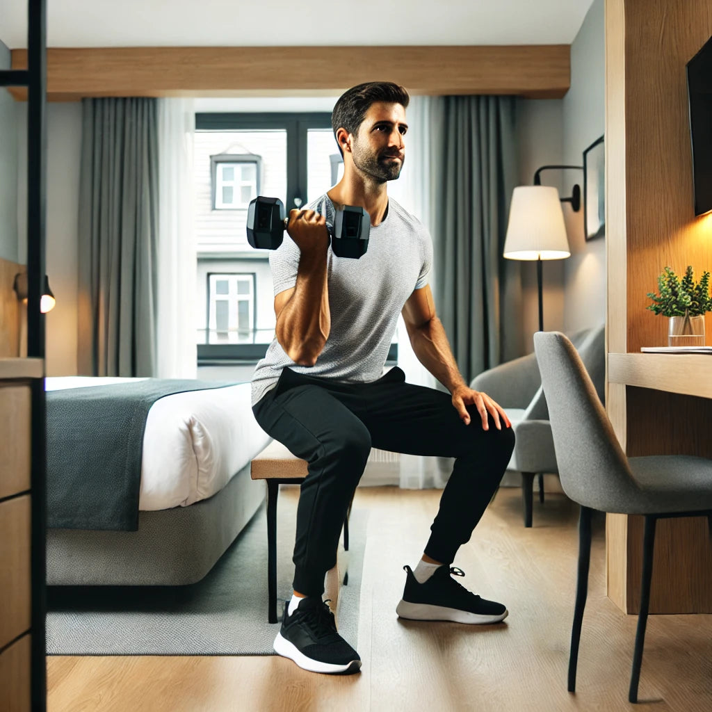 A fit and energetic professional performing a dumbbell workout in a hotel room.