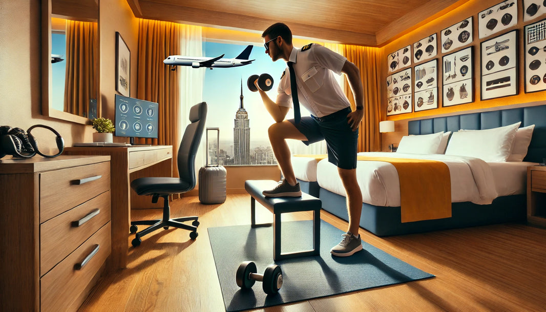 Travel professional performing dumbbell exercises in a well-lit, modern hotel room, demonstrating effective fitness routines for small spaces.