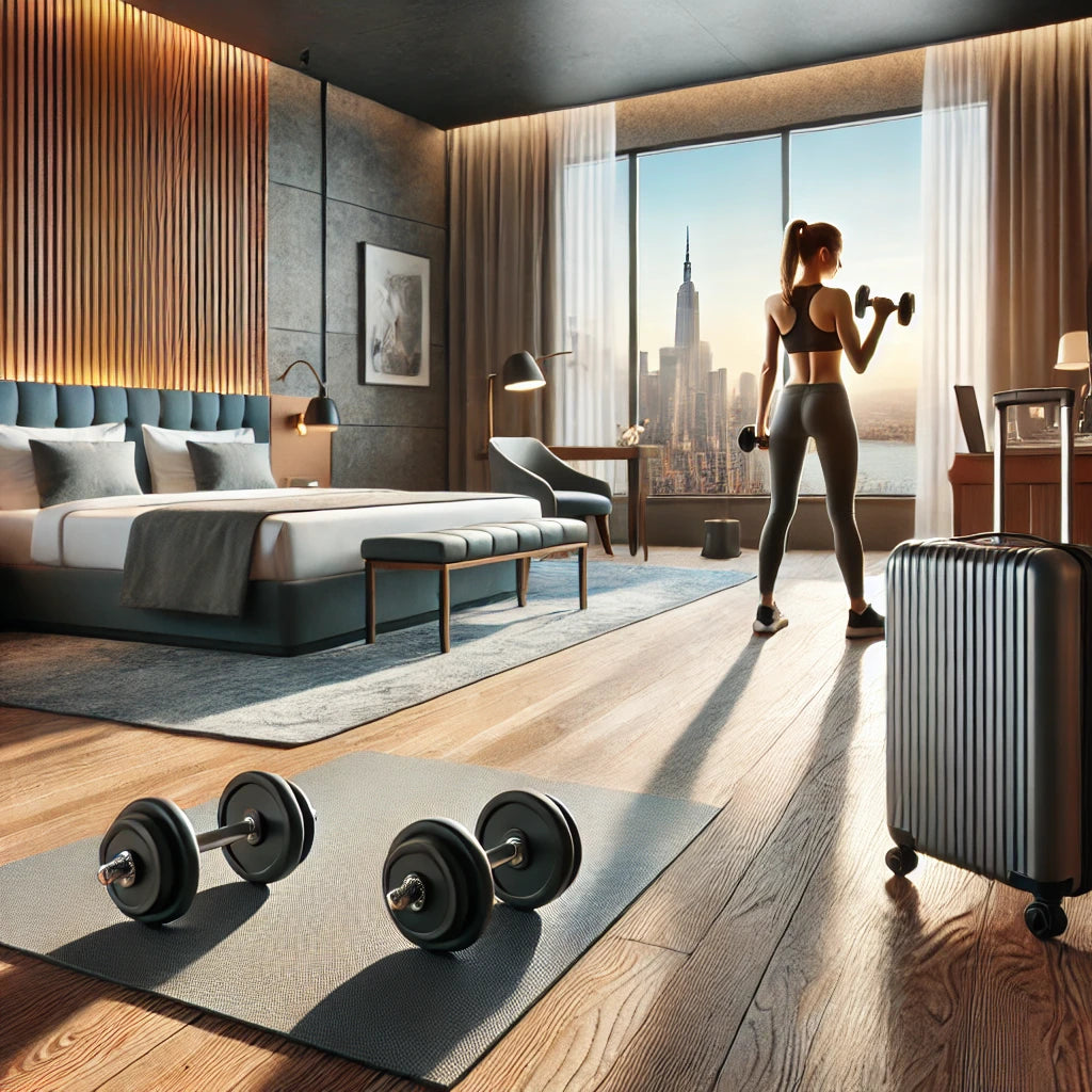 Fitness enthusiast performing a dumbbell exercise in a modern hotel room with luggage in the background, showcasing an efficient travel workout setup.