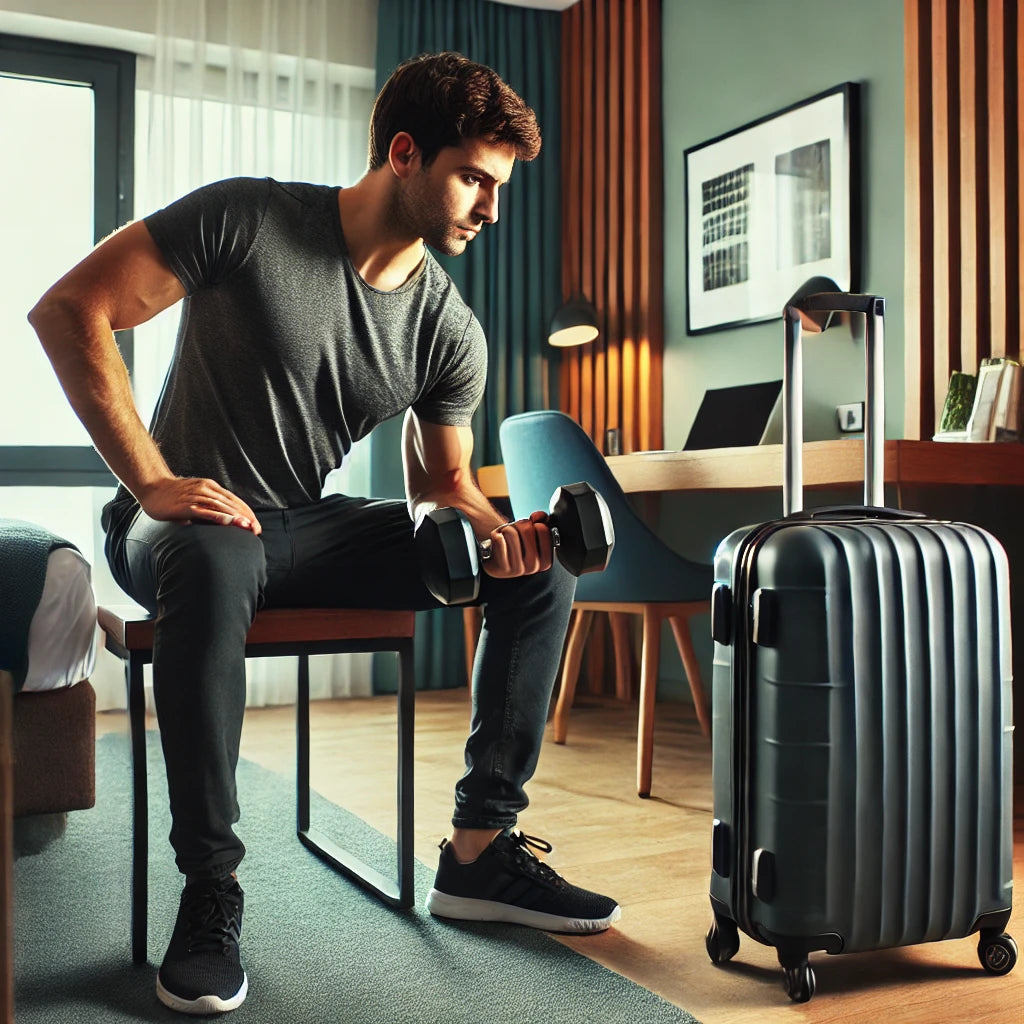 Busy traveler working out with dumbbells in a small hotel room. The traveler, dressed in workout clothes, is focused and energized.