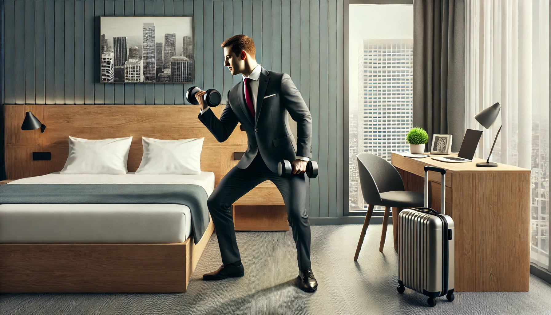 Modern business traveler performing a quick dumbbell workout in a small hotel room, with a bed, work desk, and suitcase in the background.