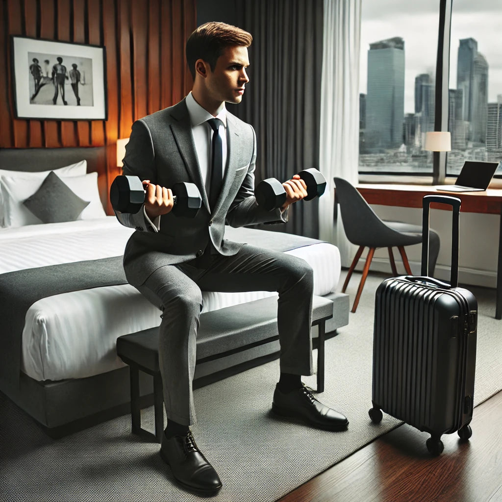 A business professional working out with dumbbells in a modern hotel room. The individual is performing exercises in a small space setup, with a neatly made bed, suitcase, and city view window in the background.