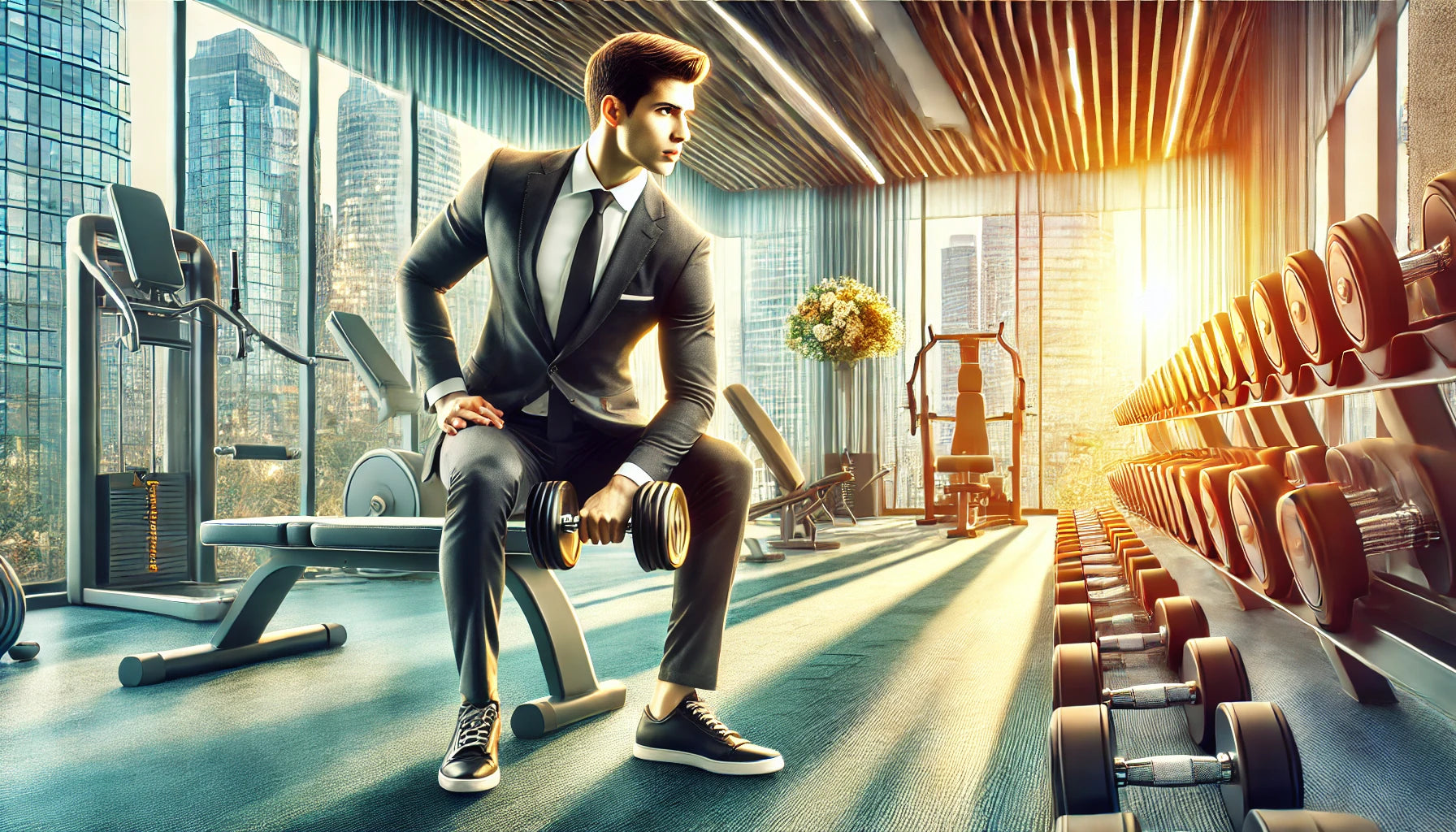 Professional performing a dumbbell workout in a modern hotel gym with various fitness machines and large windows.