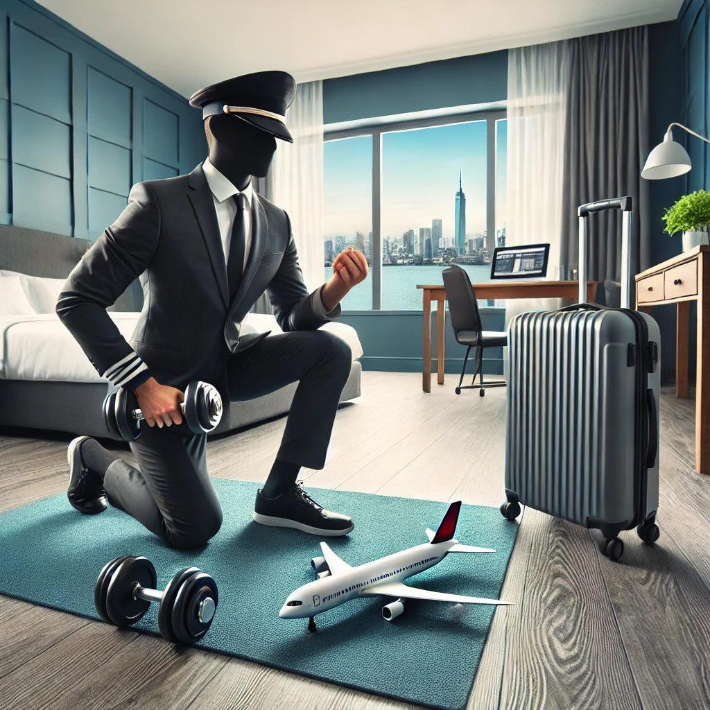 A flight attendant performing a quick workout in a modern hotel room.