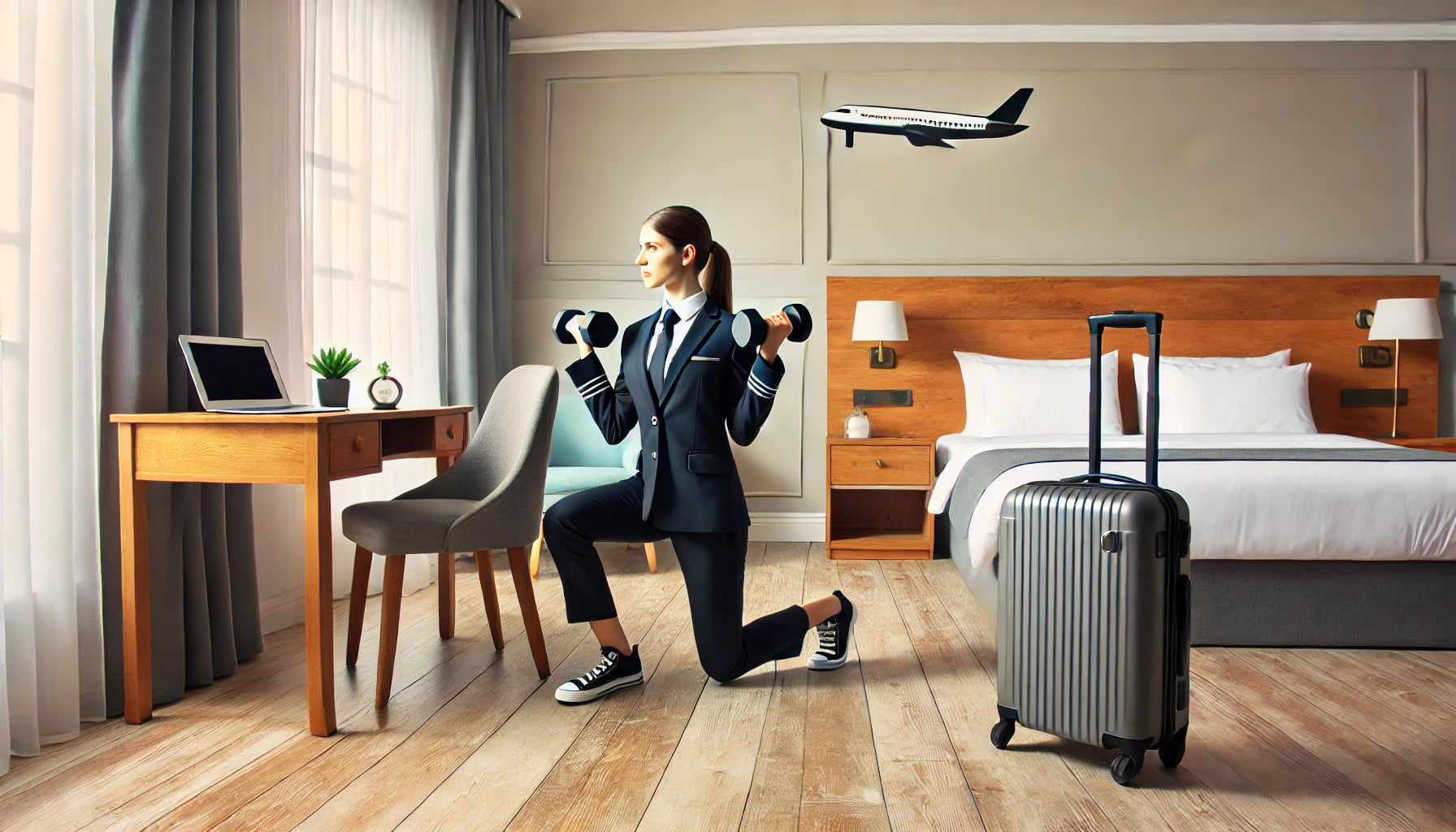 Flight attendant doing lunges with dumbbells in a neatly arranged small hotel room, emphasizing fitness in compact spaces.
