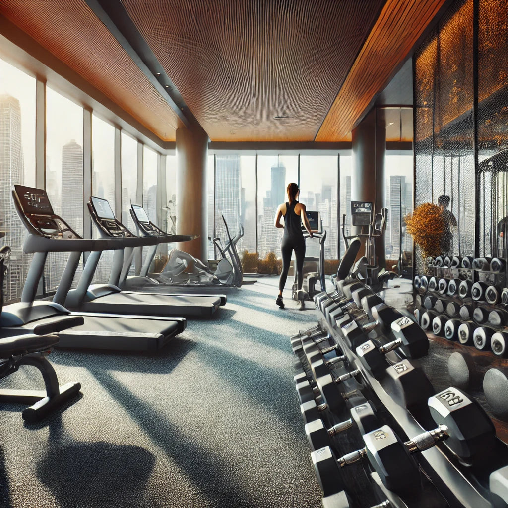 A well-equipped hotel gym with a variety of exercise machines and dumbbells, featuring a clean, modern design.