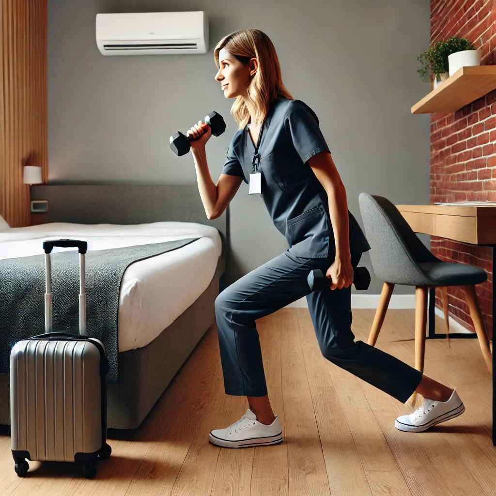 A travel nurse exercising with dumbbells in a small hotel room, performing a workout routine.